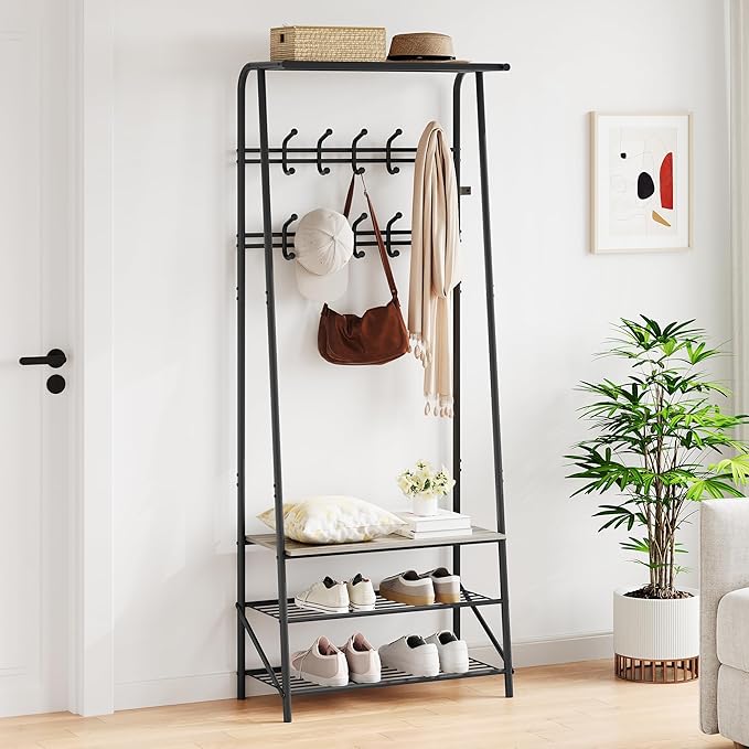 Coat Rack, 4-In-1 Hall Tree, Entryway Shoe Bench Coat Standwith Metal Frame, 3-Tier Shelf and 10 Hooks for Entryway,Hallway, Bedroom