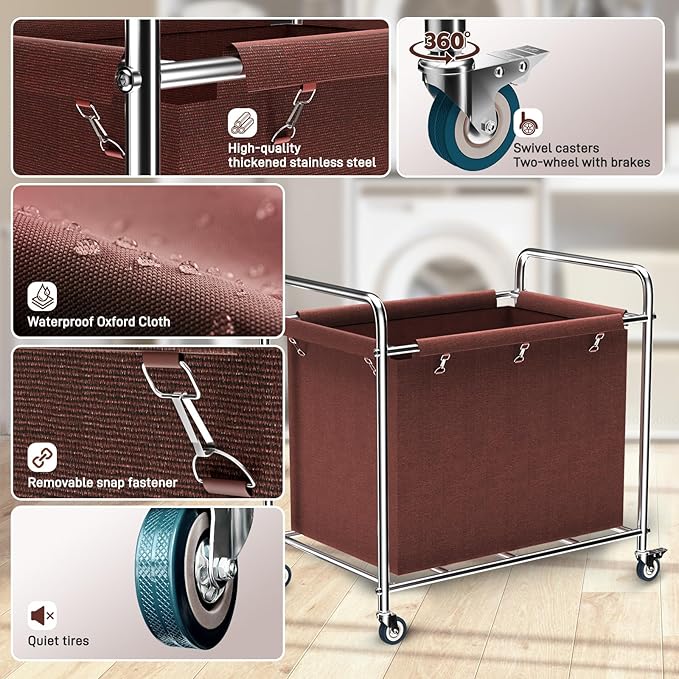 Commercial Laundry Cart with Wheels, 400L Heavy Duty Laundry Cart on Wheels for Home & Hotel, Waterproof Oxford, Sturdy Steel Frame, Easy to Install(Brown)