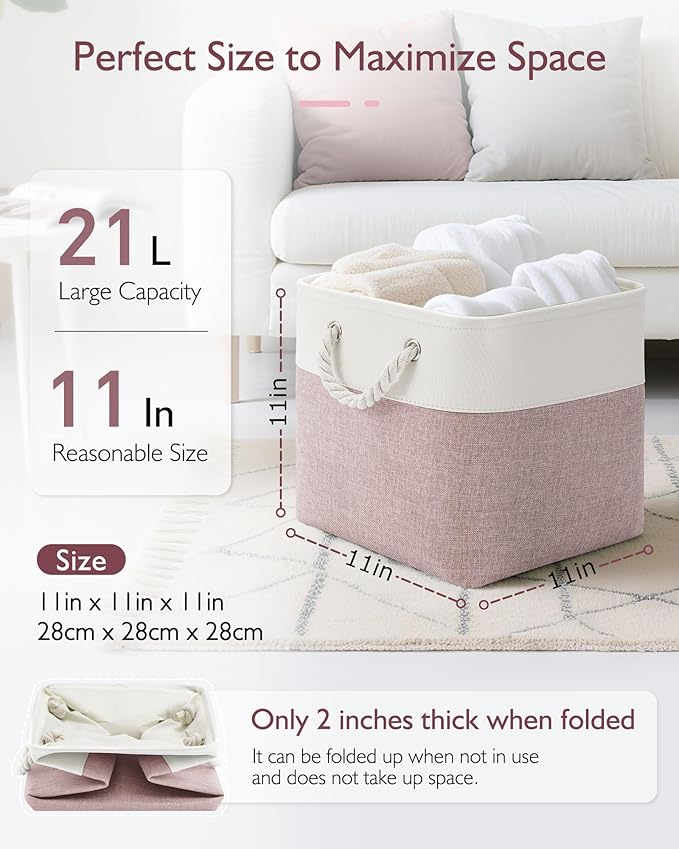 11 Inch Cube Storage Bins, 4 Pack Fabric Storage Cubes with Rope Handles, Organizer Baskets for Closet Shelves, Clothes and Home Organization(White/Pink)