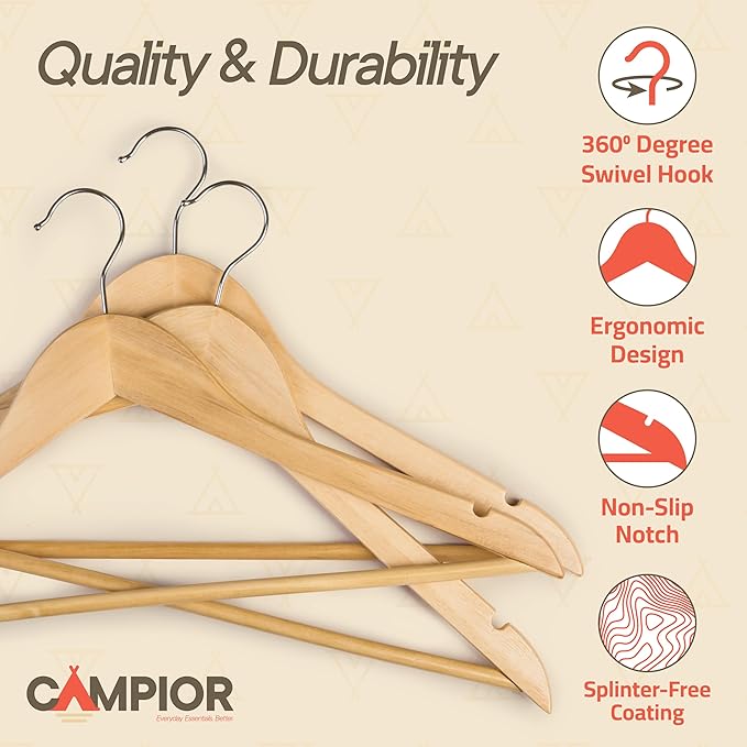 Natural Wooden Hangers 100 Pack – Heavy-Duty with 360° Swivel Hook, Non-Slip, Pants Bar & Shoulder Grooves - Wooden Hangers for Suits, Jackets, Dresses & Camisoles, Space-Saving and Smooth Finish