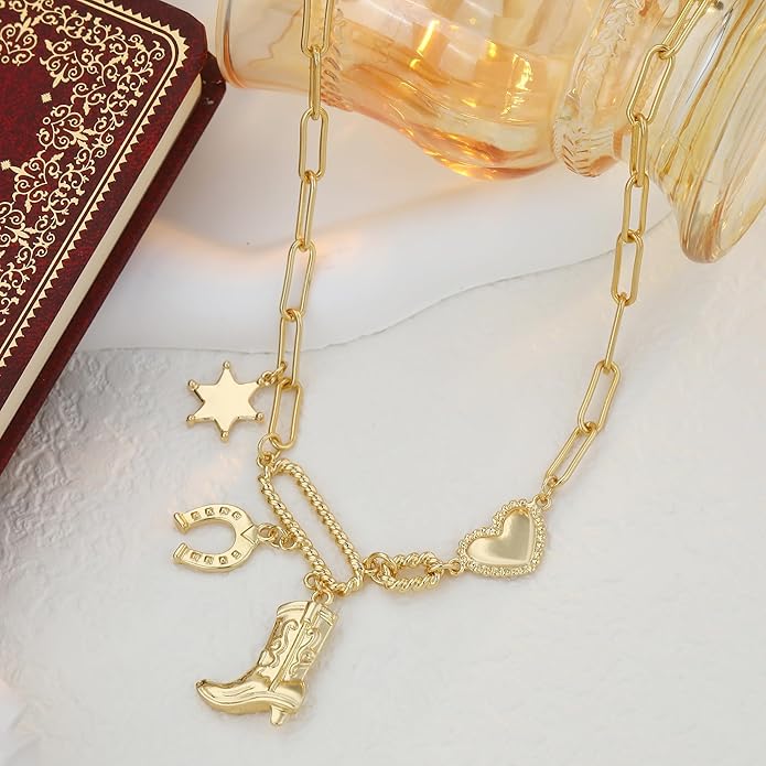 Chunky Gold Necklace for Women Gold Evil Eye Cowboy Pendant Necklace Dainty Paperclip Chain Vintage Luck Amulet Choker Necklaces Celestial Jewelry Gift