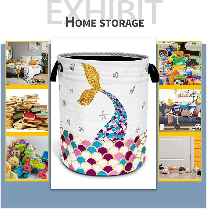 Mermaid Scales Tail Laundry Basket Foldable Oxford Cloth Funny Tote Bag Laundry Hamper Clothes Storage Bucket Toy Organizer For Bathroom/Laundry Storage/Bedroom 18.9x16.5 Inch