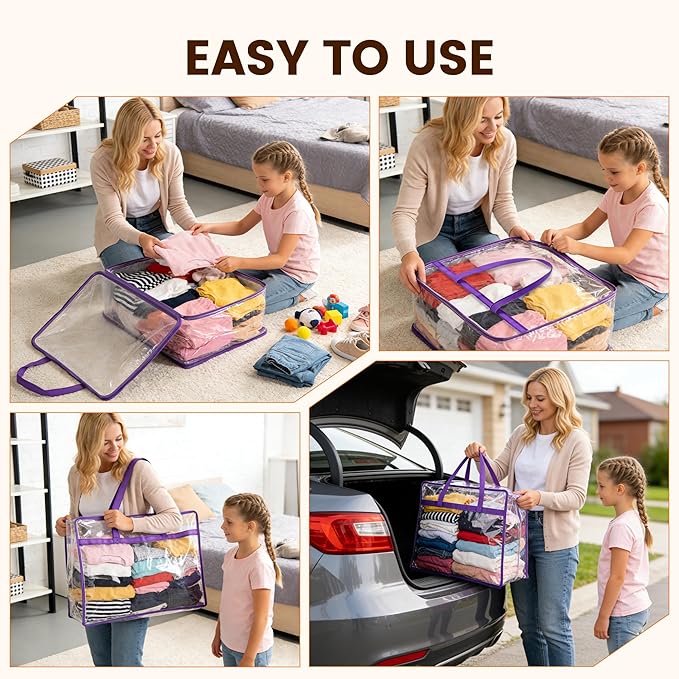 10 Pack Clear Clothes Storage Bags, Double Zipper Design 40L Underbed Moving Bags for Blankets and Clothes, Large Capacity Closet Organizers and Storage for Dormitory, Bedroom, Closet-Purple
