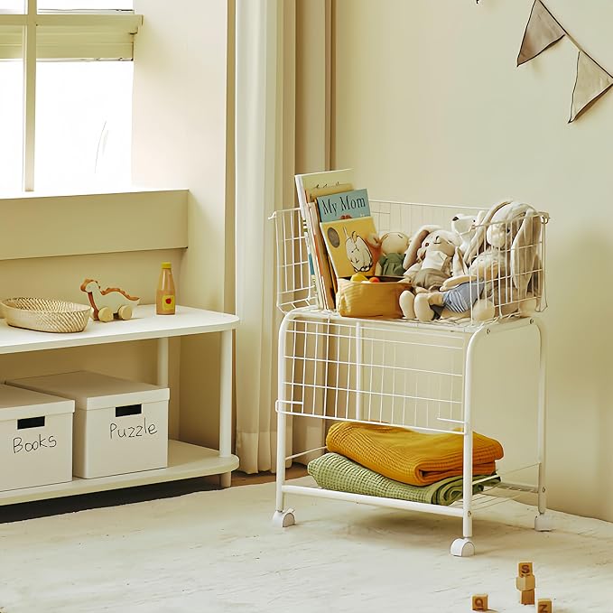 HENNZE--Basket for garments storage,easy moved with wheels have brake,wire luandry basket visable storage space, white ,rolling laundry basket