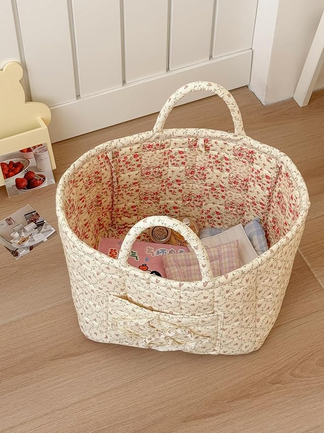 Quilted Laundry Basket Floral Storage Basket Cute Fabric Laundry Baskets Large Boho Foldable Nursery Hamper (Floral04)
