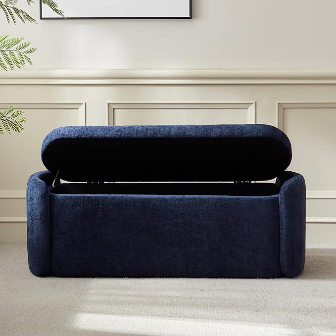 VKNOW Oval Storage Ottoman Bench, 46" Upholstered End of Bed Bench Ottomans Bench Foot Rest, Sherpa Storage Bench for Bedroom, Living Room and Hallway, Navy