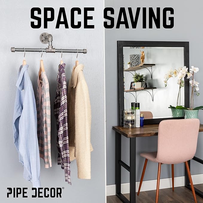 PIPE DECOR Black Steel Wall-Mounted Tee-Style Clothing Rack Kit, DIY Industrial Pipe Coat Rack