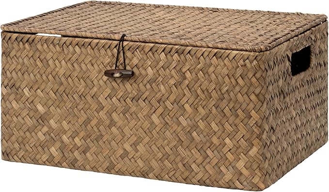 StorageWorks Wicker Baskets with Lid for Organizing, Seagrass Storage Baskets for Shelves, Decorative Box with Built-in Handles, Brown, Large, 1 Pack