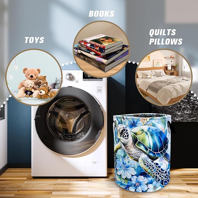 Turtle Laundry Basket Sea Turtle Foldable Oxford Cloth Funny Tote Bag Laundry Hamper Clothes Storage Bucket Toy Organizer For Bathroom/Laundry Storage/Bedroom 18.9x16.5 Inch Gift