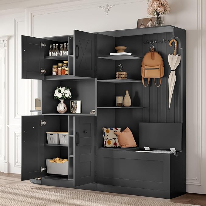 66" H Hall Tree with 4 Hooks, Open Shelving and Flip Hidden Shelf, Multifunctional Left-Right Combination Coat Rack (can be Used Separately), Entryway Bench for Living Room, Hallway