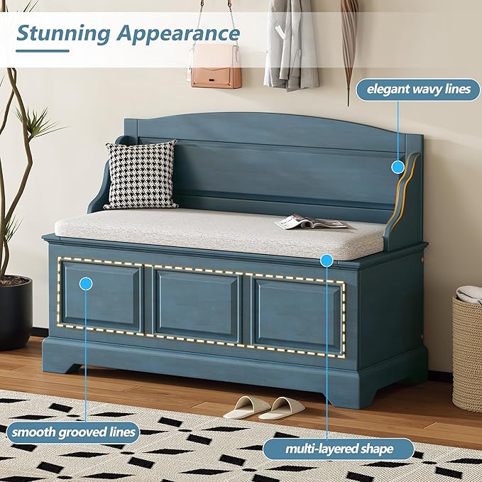 Retro Storage Bench Entryway Bench Shoe Cabinet with Safe Soft-Close Devices, Removable Seat Cushion, Backrest & Hidden Storage Space for Hallway Entryway Living Room Mudroom (Antique Navy(New))