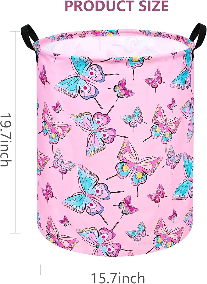 Round Pink Butterfly Laundry Basket Storage Bins Nursery Hamper Gift Baskets for Home,Office,Home Decor