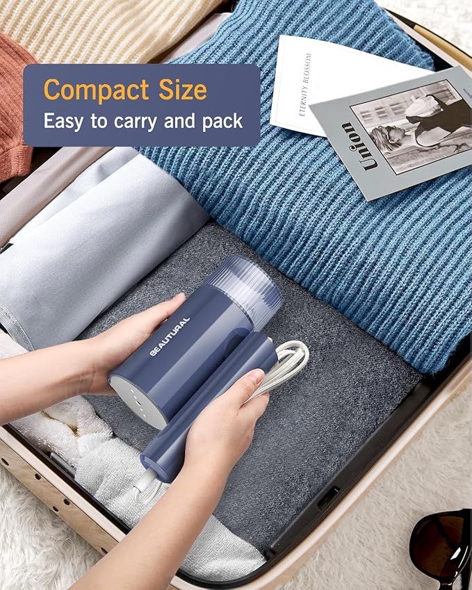 BEAUTURAL Steamer for Clothes, Portable Garment Wrinkle Remover, Fast 30s Heat-up, Foldable and Handheld, 120V Only (Not for 220V Europe), Blue