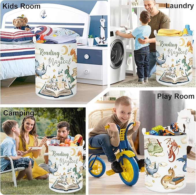 Dinosaur Laundry Hamper Large Storage Basket Cartoon Dino Collapsible Parents Organizer Kids Toy Clothes Bins for Bedroom, Bathroom, Magic Books, 63L
