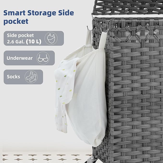 Laundry Hamper with Lid, 160L Rattan Wicker Laundry Basket with Wheels, Handwoven Laundry Hamper 2-Section with Storage shelf(42.3 Gal), Laundry Sorter Basket with Removable Liner, Grey HLH032G