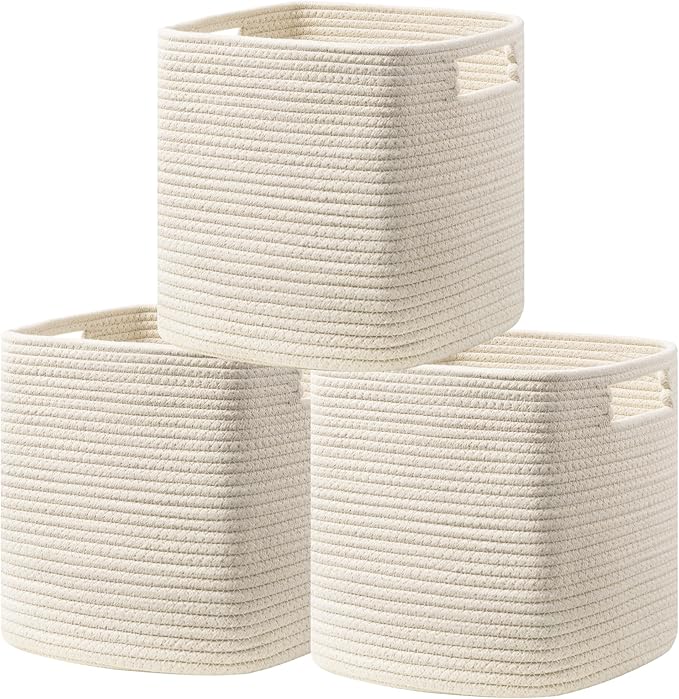 UBBCARE Set of 3 Cotton Rope Basket 11 X 10.5 X 10.5 Inches, Woven Storage Baskets for Shelves, Organizing with Handles, Cube Storage Bins for Storage Books, Magazines, Beige
