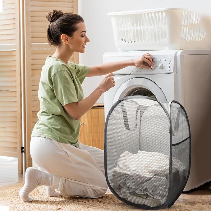 The upgraded pop-up laundry basket features a breathable side pocket mesh design, making it ideal for rooms, apartments, dormitories, travel, business trips, and children's storage(1, Gray)