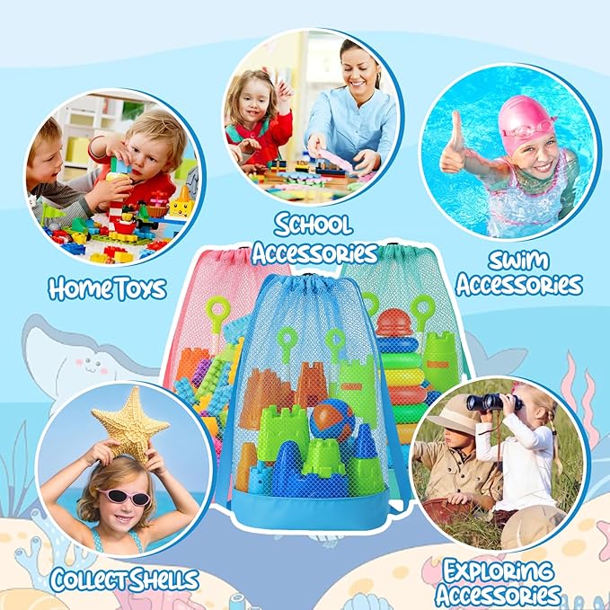 Palksky Large Mesh Beach Bag for Kids,3Pack Drawstring Sand Beach Toy Bag, Mesh Backpack for Beach, Shell Bags for Beach, Toddler Beach Essentials, Toy Not Included