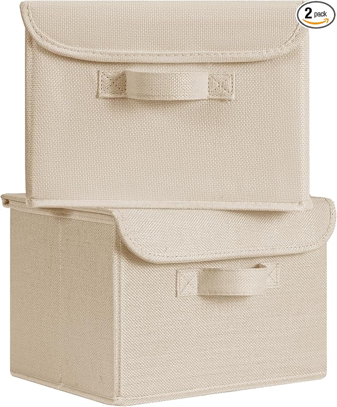 GRANNY SAYS Small Storage Bins with Lids, Small Storage Boxes, Shelf Baskets for Shelf, Collapsible Storage Bins for Living Room, Bedroom, 10x8x7 Inch, Khaki, 2-Pack