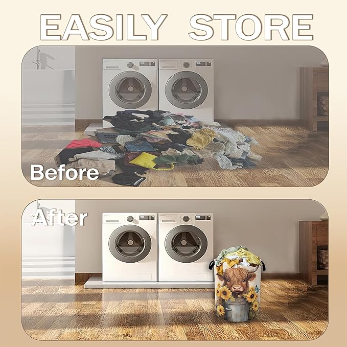 Cute Highland Cow Laundry Hamper,Watercolor Sunflower Collapsible Laundry Baskets,Waterproof Oxford Cloth Laundry Room Organization for Bedroom,Bathroom,Nursery,16x20 Inch