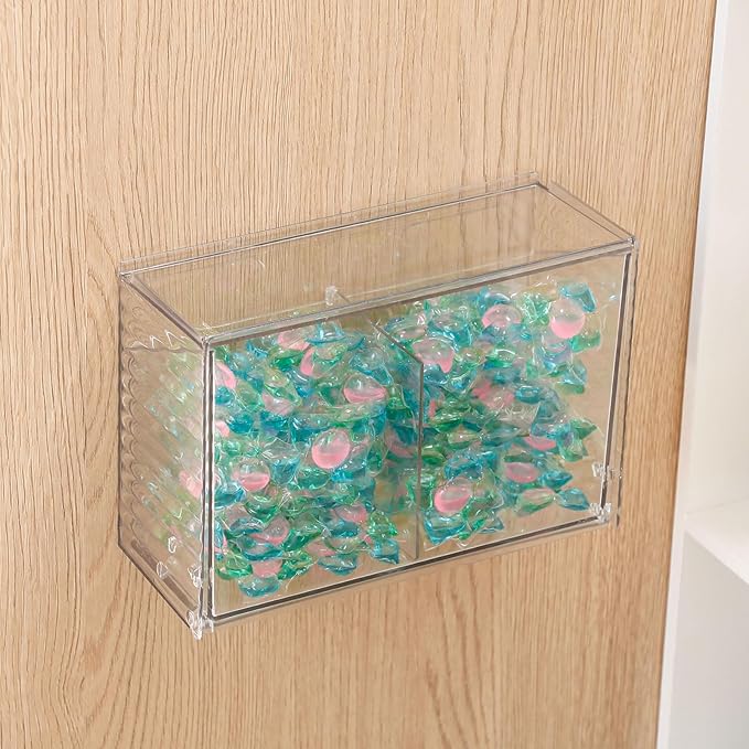 Clear Dishwasher Detergent Dispenser Holder, Large Adhesive Under Sink Door Storage and Organizer for Kitchen and Bathroom, Plastic Laundry Pods Box