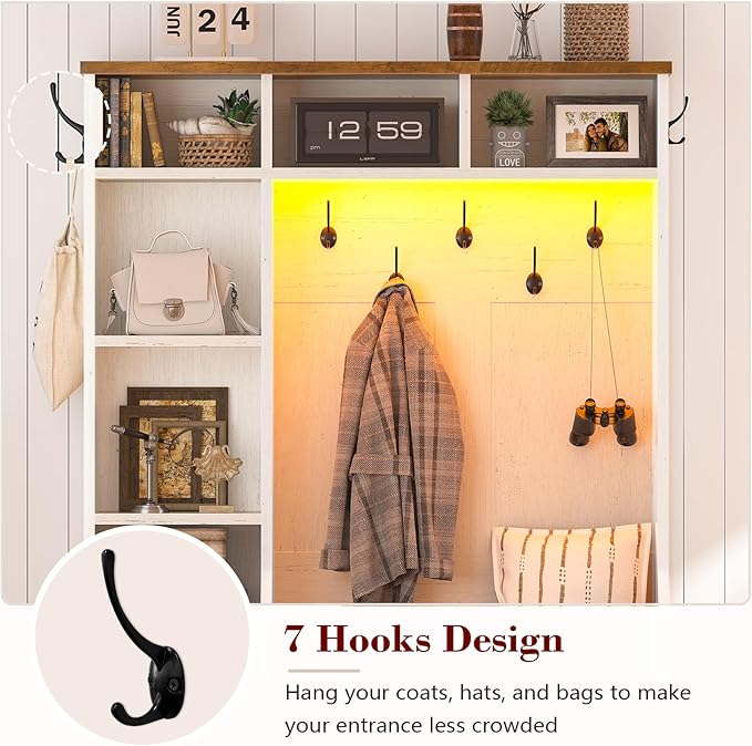 Hall Tree with Bench and Shoe Storage, Farmhouse Entryway Bench with Coat Racks and Led Lights, Tall Hall Tree with 7 Coat Hooks, 6 Storage Cubbies, Adjustable Shelf