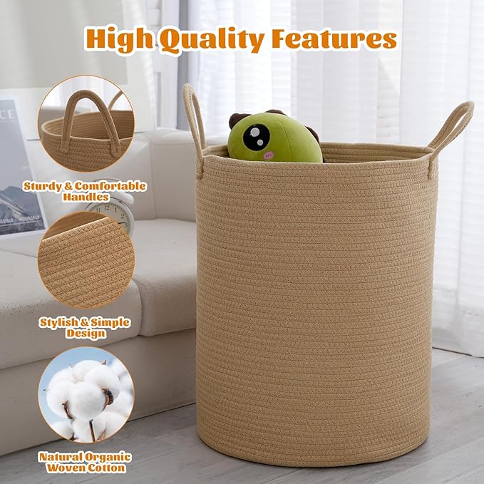 Woven Basket Nursery Laundry Hamper with Handles, Clothes Storage Organizer, Woven Basket for Boy Room Decor, Toy & Blanket Storage Bin, 15x15x18 Inch,Oatmeal,1pc