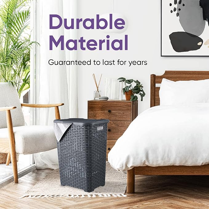 Plastic Laundry Hamper with Lid 3 Pack Laundry Hamper Basket, Grey Tall Cloths Hamper Organizer with Cut-out Handles. Space Saving for Laundry Room Bedroom Bathroom, Wicker Design 60 Liter