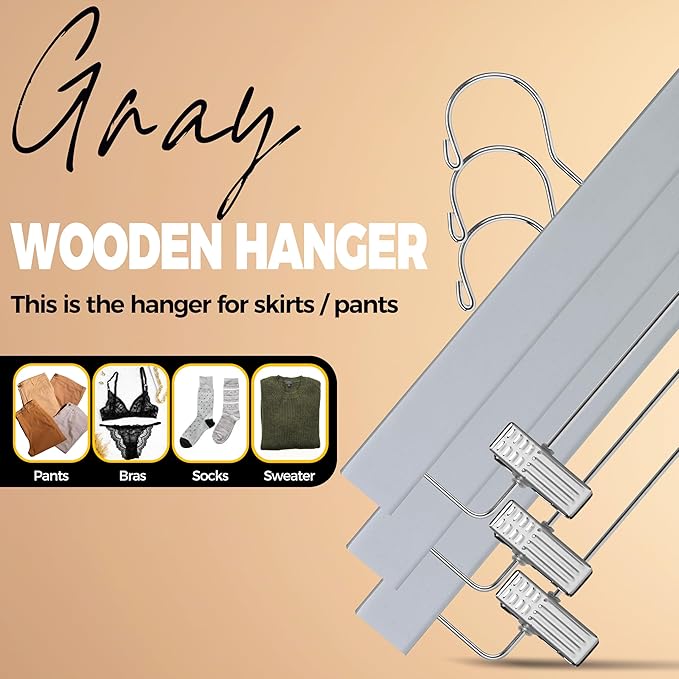 Quality Hangers Wooden Pants Hangers - 20-Pack Swivel Hook Cloth Hanger Set - Lotus Wood Skirt, Pant, Shorts and Slack Hangers with Adjustable Clip – Gray Clothing Hanger (Gray, 20)