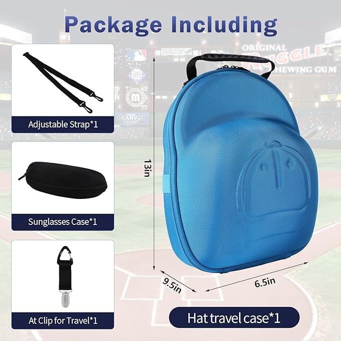 Hat Travel Case, Hard Hat Carrier Organizer with Clip & Glasses Storage, Holds 6 Baseball Caps for Home/Travel - Blue