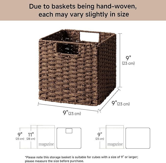 StorageWorks 9 inch Wicker Storage Cubes, Handwoven Wicker Baskets for Storage, Square Cube Organizer Bins, Foldable Paper Rope Basket for Organizing, Brown, 2 Pack
