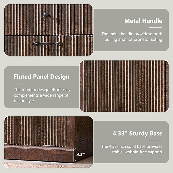 Modern Double Tilt-Out Laundry Hamper Cabinet, 20 Gallon Fluted Trash Can Cabinet w/2 Drawers, Wooden Hidden Garbage Can Cabinets w/Laundry Basket, Free Standing for Bathroom and Kitchen, Brown