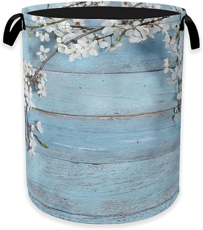 Spring Flowers Laundry Hamper,Rustic Blue Woodboard Clothes Hamper for Laundry,Waterproof Oxford Toy Storage Collapsible Hampers for Bedroom, Dorm Room,Bathroom,16x20 Inch