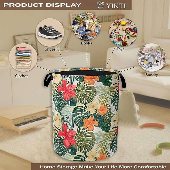 Tropical Palm Leaves Laundry Basket,Summer Flowers Clothes Hamper,Oxford Cloth Collapsible Nursery Hamper Storage Organization for Bedroom,Bathroom,Office,College Dorms,16x20 Inch