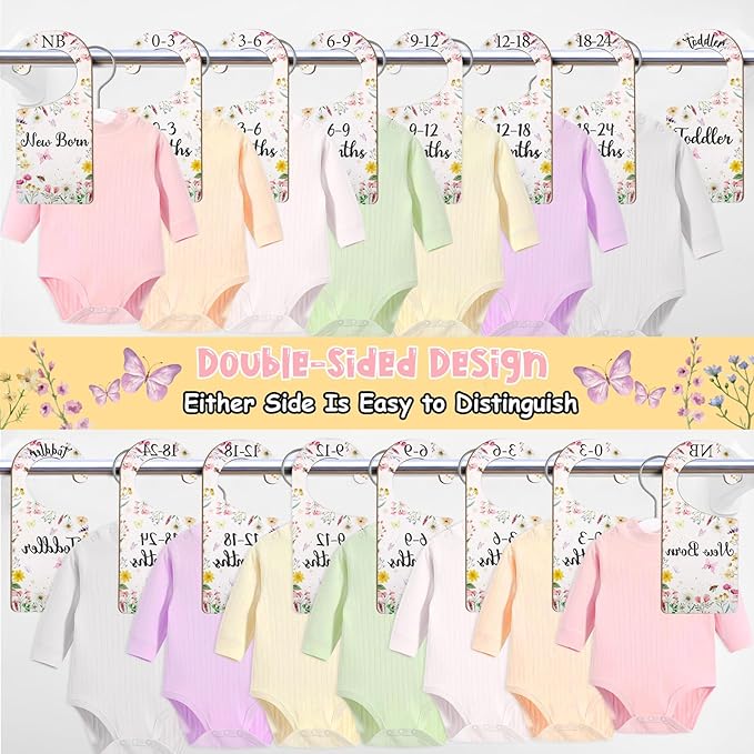 Baby Closet Dividers 8PCS, Wildflower/Floral Theme Wooden Double-Sided Clothes Size Hanger Organizer from Newborn to Toddler for Nursery Decor Baby Shower Birthday Gift