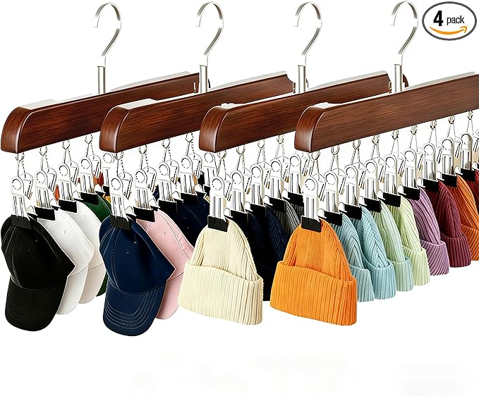 4 Pack Hat Hangers for Closet Display, Wooden Hat Storage Organizer with 40 Metal Clips for Baseball Caps, Winter Hat Rack for Beanie, Skullies, Visors, Walnut Brown Color
