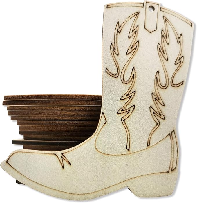 20-Piece DIY Wooden Hollow-Out Cowboy Boot Hanging Ornaments with Jute Twine & Wooden Tags for Wedding, Birthday, Holiday & Rustic Country Party Decorations