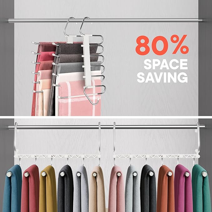 Space Saving Pants Hangers 1 Pack, 6 Layer Jeans Hangers and Closet Organizer for Jeans, Scarves, & Skirts, Multi-Layer Hanger with Anti-Slip Stopper, Heavy-Duty S-Type Stainless Steel, White