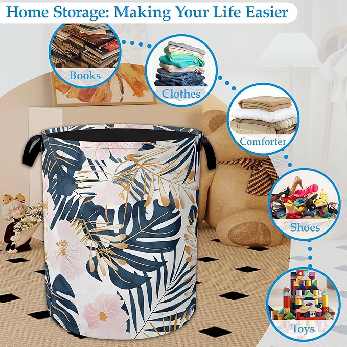 Palm Leaves Flowers Laundry Basket Collapsible Laundry Hamper Clothes Toy Storage Bin for Bathroom Bedroom Room Decor 16" X 20.8"