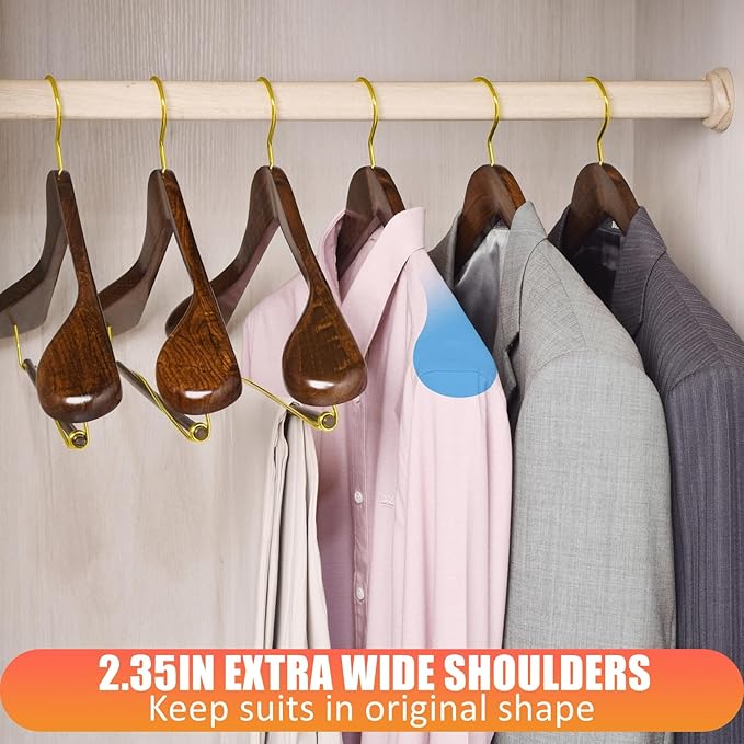 Amber Home 6 Pack Retro Wooden Suit Hangers with Gold Hook, Vintage Wide Shoulder Suit Hangers with Gold Pants Locking Bar, Wood Jacket Clothes Hangers for Sweater, Pants, Heavy Clothes