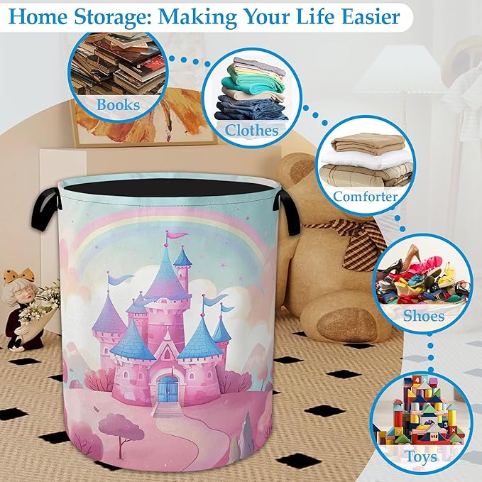 Pink Castle Large Storage Basket Collapsible Laundry Basket Oxford Storage Bin for Toy Bins Gift Baskets Bedroom Clothes Children Nursery Hamper 16" X 20.8"