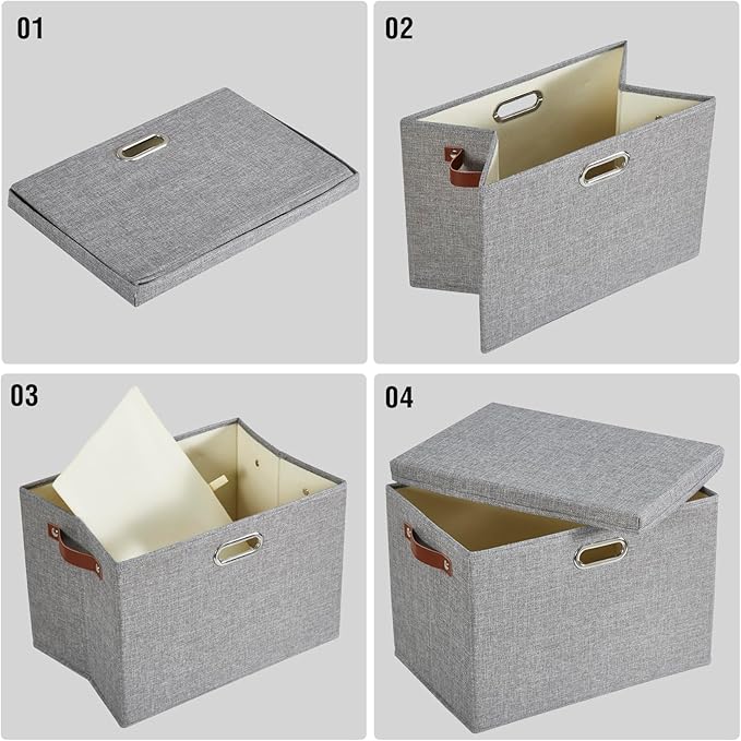 15" Large Collapsible Storage Bins with Lids, Stackable Closet Organizers with PU Handle and Labels, 3-Pack Decorative Fabric Storage Boxes for Home, Bedroom, Closet, Office, Nursery(Gray)