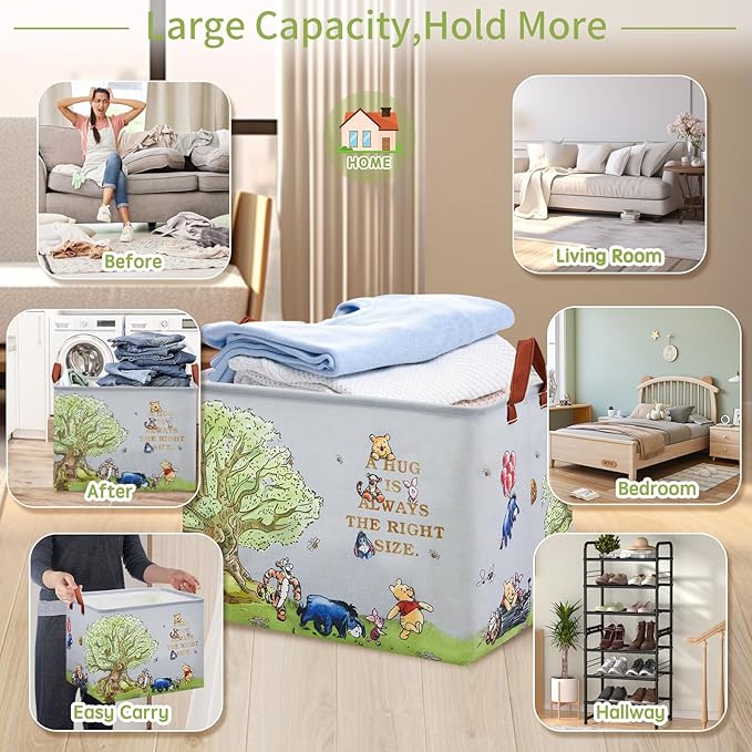 Bear Nursery Decor Storage Basket Foldable With Waterproof PE Coating, Square Large Canvas Laundry Hamper,Diaper Bag Baskets for Kids,Boys and Girls, Bathroom, Bedroom, Clothes,Toy Bin(grey)