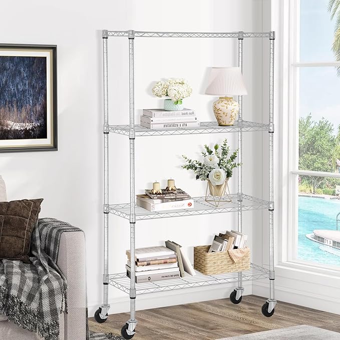 YRLLENSDAN Storage Shelves with Wheels, Heavy Duty 4 Tier Garage Storage Rack, Adjustable Wire Shelving Unit, Metal Shelf Organizer for Pantry, Kitchen, Basement, 36" W x 14" D x 62" H, Chrome