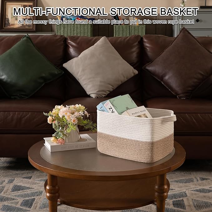 OIAHOMY Woven Storage Basket for Shelves, Rectangle Cotton Rope Baskets for Organizing, 13 x 10 x 9 in, Storage Bins for Dog Toys,Towel,Books,Gift,Brown and White
