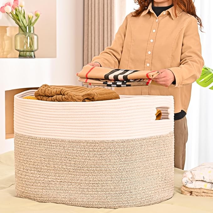 Extra Large Blanket Basket for Living Room, Rectangle Woven Cotton Rope Storage for Blankets, Toys, Clothes, Shoes, 25”x16”x16”, Off White & Brown, 108L