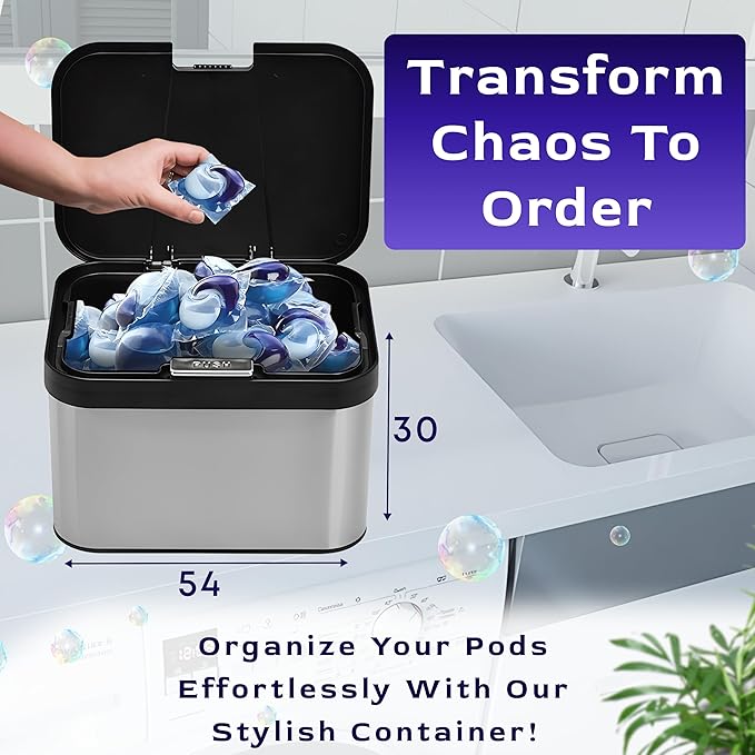 Skywin TidyFriend Laundry Pods Container with Push Up Lid, 9.8" x 7.3" x 6.3", Airtight Storage Keeps Pods Fresh, Laundry Detergent Container & Dishwasher Pod Holder (Black)