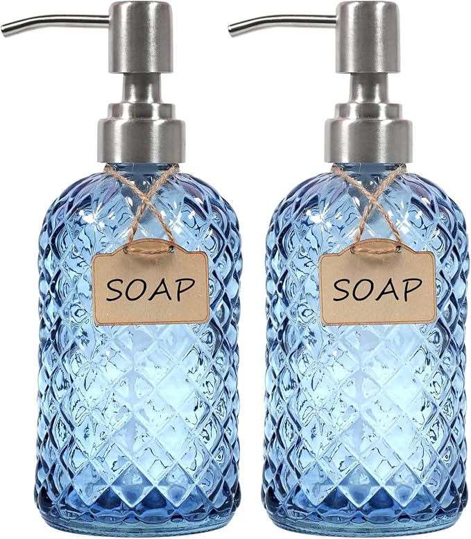 Funly mee Bathroom & Kitchen Glass Hand and Dish Soap Dispenser with 304 Rustproof Stainless Steel Pump(Blue-2Pack)