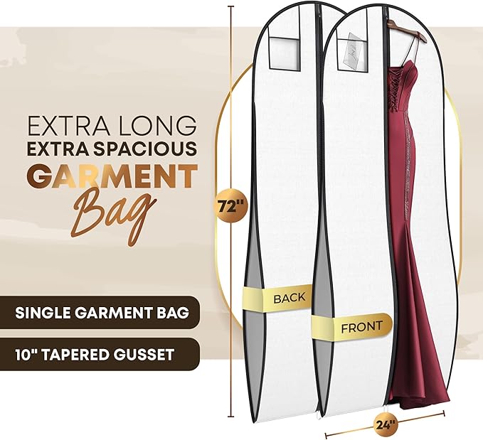 72" Tapered Long Dress Bags for Gowns - Wedding Dress Garment Bag for Dresses - Long Garment Bags for Hanging Clothes & Closet Storage, Dress Bag for Airplane