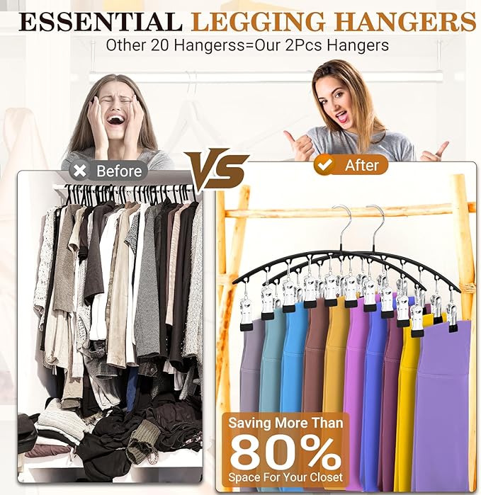 Legging Organizer for Closet, Metal Yoga Pants Hangers 2 Pack w/10 Clips Holds 20 Leggings, Space Saving, Clips Hanger for Pants, Shorts, Scarf, Hats Black